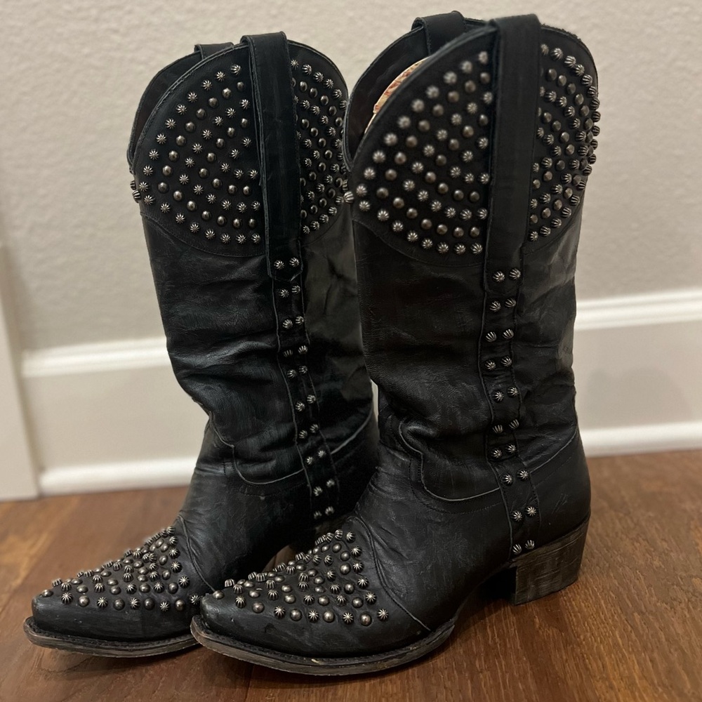 Studded Black Leather Cowboy Boots